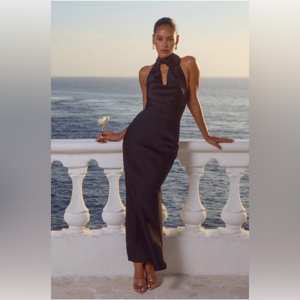 Estelle Cowl Black Halter Neck Dress
